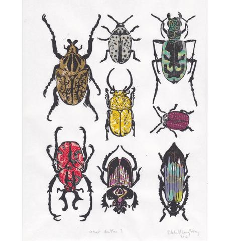 As described, my print shows, from left to right, top to bottom: Goliath beetle, Calligrapha verrucosa, blowout tiger beetle, Fruhstorferia sexmaculata, Phaedon oviformis, Reindeer beetle, Ceratophyus martinez, Erythrus ardens. ⠀
The collection of assorted linocut beetles, arranged vertically and horizontally, are printed in black ink is printed on assorted Japanese washi paper to make a series of patterned beetles, each unique.⠀