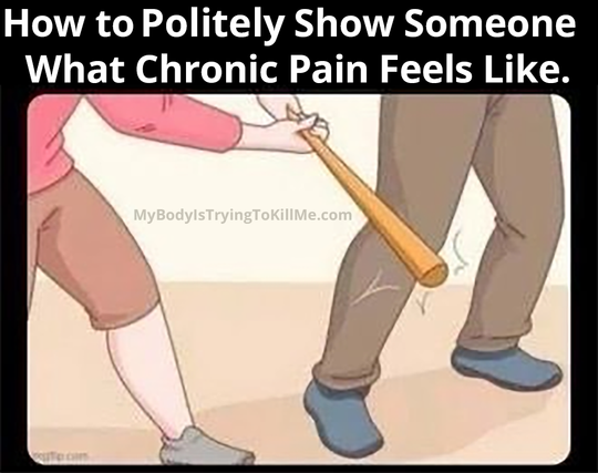 How to politely show someone what chronic pain feels like

[pic of someone hitting a guy in the knee with a bat]