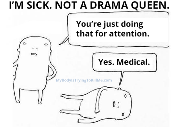 I'm sick. Not a Drama Queen.

1st guy, with hands on hips - you're just doing that for attention

2nd guy, collapsed on floor - yes. Medical.