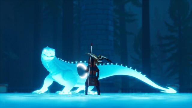 A humanoid figure stands in front of a glowing blue dinosaur-like creature in a dark, misty environment, surrounded by tall trees. The figure holds a bow and has an elaborate hat, creating a mystical atmosphere.