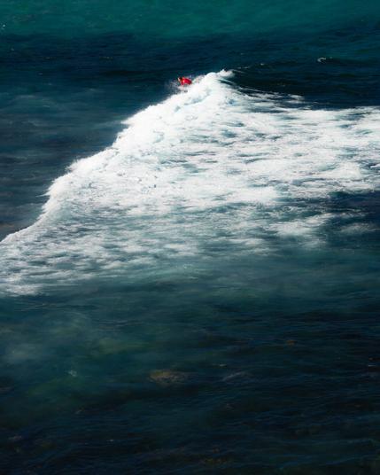 Aerial view of a surfer in a red shirt riding a white ocean wave. The deep blue and green sea contrasts with the cresting wave, creating dynamic movement across the water's surface.