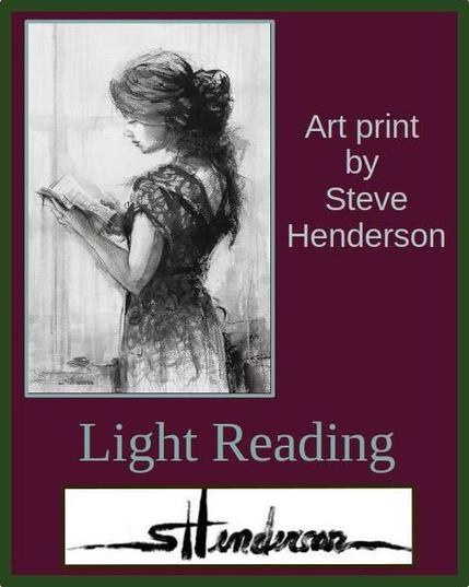 Art print of an original charcoal drawing depicting a young woman standing near a window and reading a book.