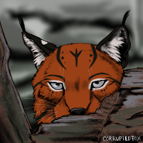 A red lynx looking over a piece of wood. Digitally drawn.