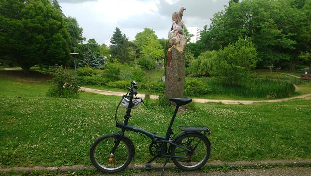 Vélo pliant Decathlon Fold 500, modèle 2023.
Juste derrière, un parc avec un plan d'eau à l'arrière plan. On peut voir des arbres un peu partout. Juste derrière le vélo, un bout de tronc d'arbre (environ 2 mètres de haut, pas juste une souche, mais le reste d'un arbre qui a été abattu. Une ou un artiste a sculpté sur le sommet de ce tronc un vautour, une poule et un coq. Les volatiles ont été partiellement peints.