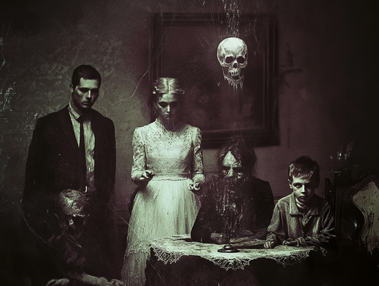 Héritage Maudit.
Portrait de famille sinistre dans une pièce ancienne, figures fantomatiques et crâne suspendu accentuant une ambiance surnaturelle.
Sinister family portrait in an old room, ghostly figures and a suspended skull heightening the supernatural atmosphere.