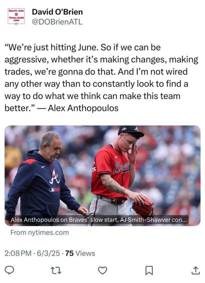 [O’Brien] “We’re just hitting June. So if we can be aggressive, whether it’s making changes, making trades, we’re gonna do that. And I’m not wired any other way than to constantly look to find a way to do what we think can make this team better.” — Alex Anthopoulos
