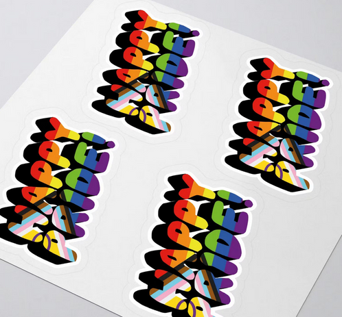 "Happy Pride!" sticker design in a sheet of 4
