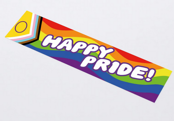 "Happy Pride!" sticker design in bumper sticker size