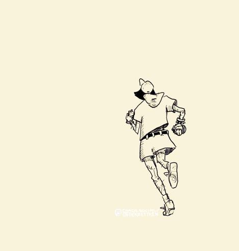 Digital drawing

A running person, drawn from the back. They are wearing shorts, a shirt with a hoodie, sneakers, bracelets and a cap. Shoulder length dark hair. Wearing bracelets.