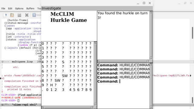 A tour of features being used to turn a "cli" common lisp class into a very GUI game. The game bit is a bit clumsy to expose some of the odder automatic features. In front of an emacs window + repl of the blog article it comes from.