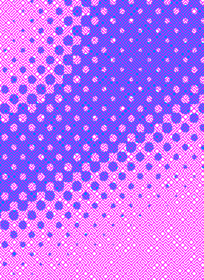 A colorful maze, generated using the 10print method. Picture generation details: screen height: 1180, screen width: 858, primary background color #BAE1FF, primary line color: #FF00FF, using gradient mask mask42.png, gradient background color #0077FF, square: 12, width: 5, radiusB: 2, radiusW: 5, effect: 4