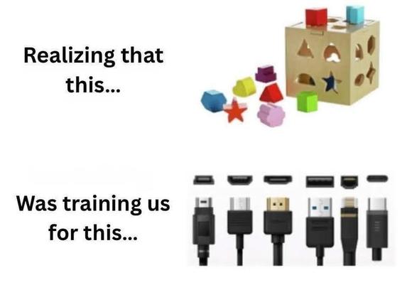 A meme comparing a children’s shape-sorting toy to various modern-day cable connectors (USB, HDMI, DisplayPort, etc.). The top image shows a classic toy with blocks that fit into matching shaped holes. The bottom image shows multiple types of tech ports and cables. Caption reads: “Realizing that this… was training us for this…” — humorously suggesting childhood toys prepared us for dealing with complex cable types.