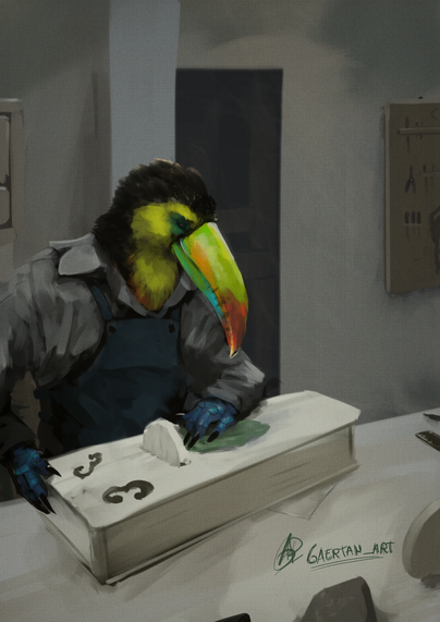 digital illustration of an anthropomorphic toucan, who is a luthier, inside their workshop. They are wearing a white shirt and a teal apron, and appear to be working on a box-like instrument[actually a hurdy gurdy] that's still a work in progress