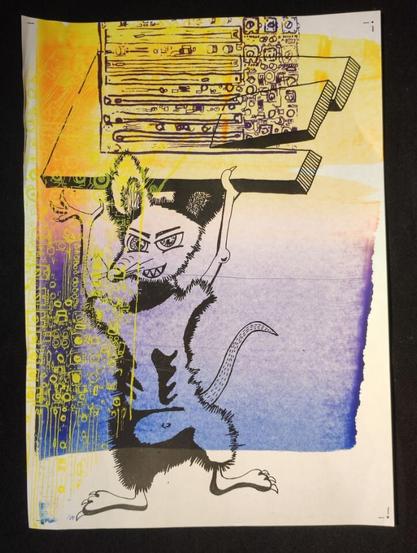 A screen-printed collage with a colour area that fades from blue to purple to yellow, a mouse holding a mousetrap and parts of a painted circuit board from a mixer