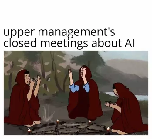 upper management's closed meetings about AI: cartoon cell showing three river persons sitting around a lit pentagram that's written into the ground.