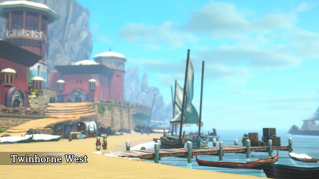 Twinhorne West screenshot from Eiyuden, showing a serene fishing village