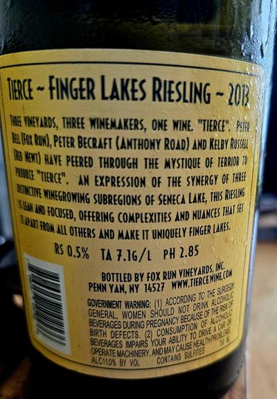 Back Label of Tierce Riesling, showing very dry stats