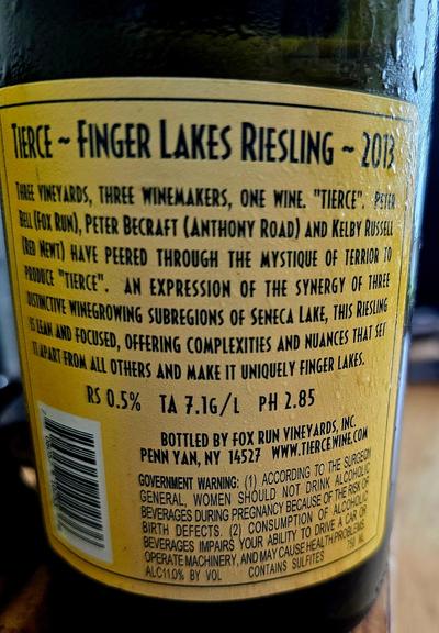 Back label of Tierce bottling showing very dry stats