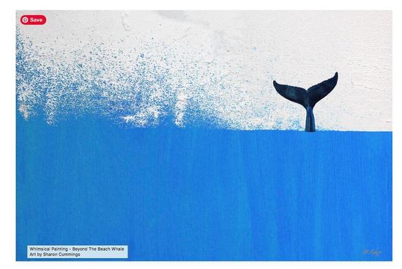 Blue whale tale upright over a blue sea with splashes of paint to simulate waves spray by artist Sharon Cummings.