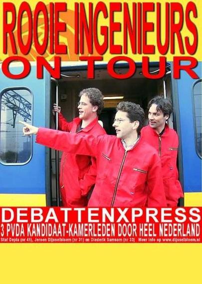 campagneposter van de 'debattenexpress, met de zogenaamde "Rode ingenieurs on tour" Dijsselbloem, Samson en Depla in rode overalls gestoken in een NS-trein door het land