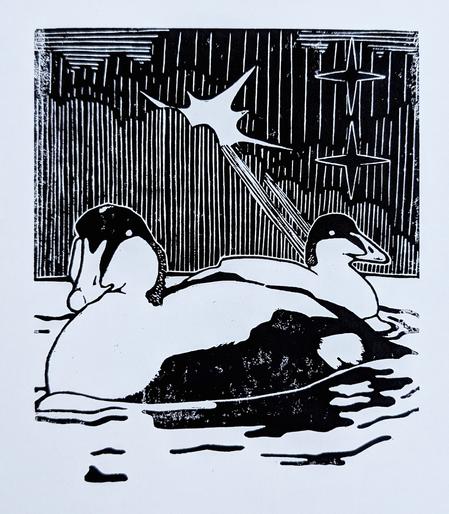 Lino print in black and white of to common eiders swimming past each other. The sky is cloudy and the sun is peeking out and shining sun rays down on one of the birds. There's also two stars in the sky
