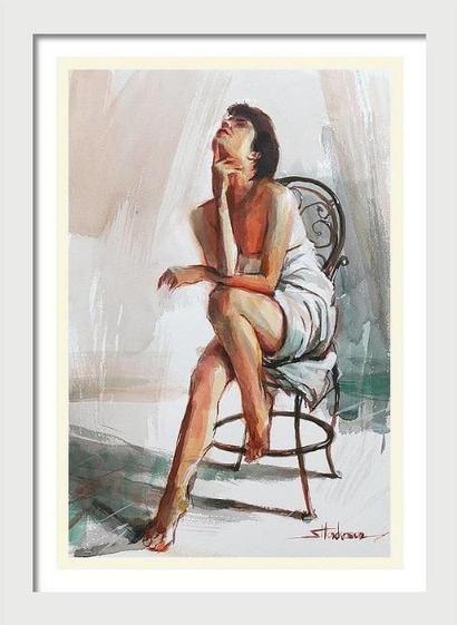 Framed print of an original watercolor painting depicting a woman sitting on a chair, deep in thought.