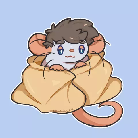 the first frame of a PNGtuber of a light grey dumbo rat character with brown hair on his head, cosied up in a yellow blanket.
he looks relaxed and sleepy, with his eyes droopy.