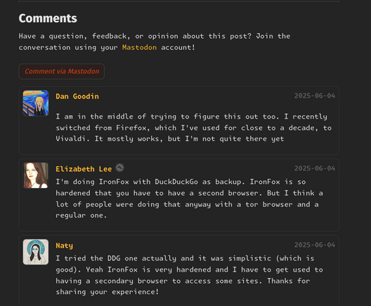 Screenshot of Mastodon comments being integrated in a Hugo blog.