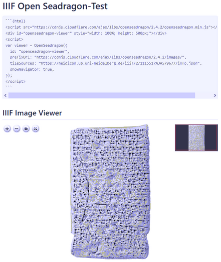 Screenshot of a Quarto website with the code for integrating an IIIF viewer and an example with the embedded image of a cuneiform tablet
