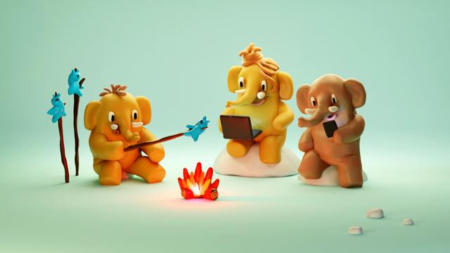 3D-Rendering einer Szenerie im Knet-Look. Drei Mastodon-Mammuts sitzen um ein Lagerfeuer. Eines hat kleine blaue Twitter-Vögel auf Stöcke aufgespießt und grillt sie, die anderen beiden sitzen mit ihrem Laptop und ihrem Smartphone dabei und schauen fröhlich auf ihre Displays.
