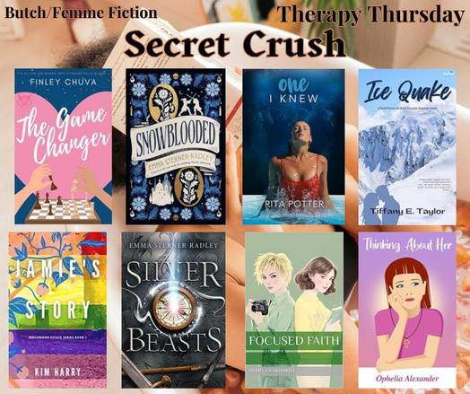 Eight book covers on a background of a woman reading in a tub filled with warm water and scented flowers for Therapy Thursday on 06/05/25. Theme: Secret Crush.