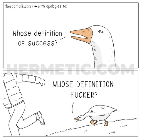 Square image, goose chasing guy meme format, a modified comic by Jimmy Craig originally captioned "feathers". Top panel, goose says "Whose definition of success?" Bottom panel, goose chasing guy says "WHOSE DEFINITION OF SUCCESS, FUCKER?"