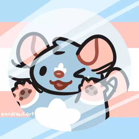 my rat OC Doodle behind some glass, squishing his front paws against it. he smiles widely. also there's a trans flag around them because it's june