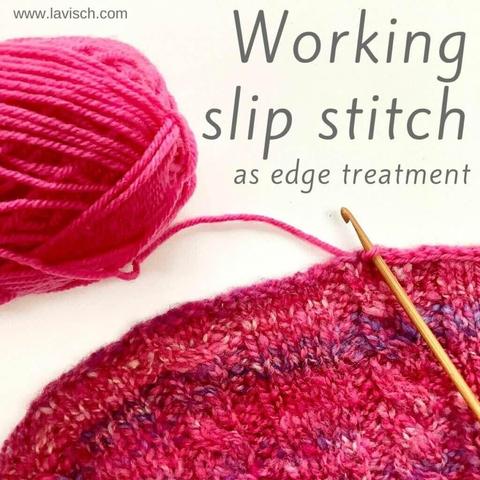 Close-up of slip stitches being worked in a pink yarn on the edge of a variegated pink garment. The ball of yarn and a bamboo crochet hook are also visible on the white background.