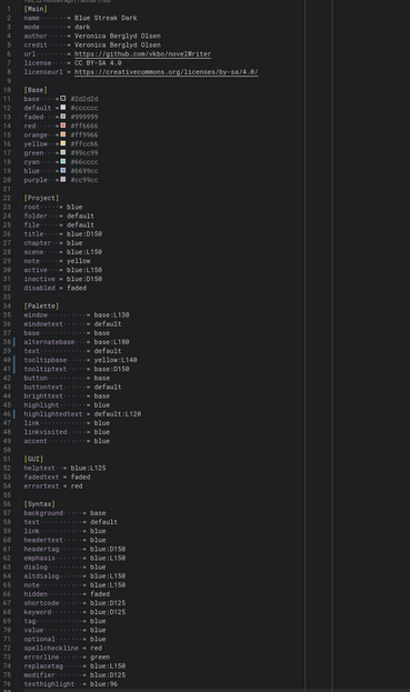 A screenshot of the text of a config file, showing variables and assigned hexadecimal colour values at the top, and further down those same colour variables are referenced by name, a colon, and a D or L with a number behind for lighter or darker shades.