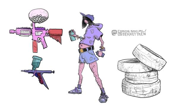 Digital drawing

In the middle a sketch of a person in stained shorts & shirt with hoodie, wearing sneakers & a cap and several bracelets. Shoulder length hair & eyes in the shadows. Spray cans in their hands & on the ground. Colored.

On the left two "weapons", a paint ball gun and an airbrush pistol. Both colored.

On the right a staple of car tires, uncolored.