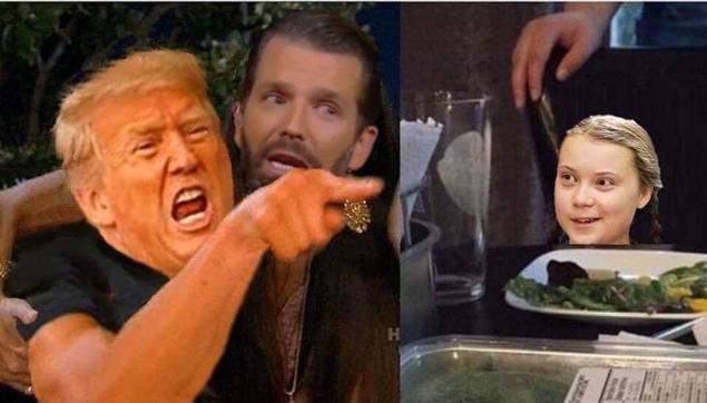 Two images. The first image is Trump yelling and pointing, and looking upset. Behind him is Donald Trump Jr., who is looking at what Trump is pointing at. The second panel shows young Greta Thunberg, smiling, and sitting in front of a plate of food -- as if mocking Donald Trump.