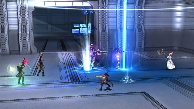 Just a random group shot in the FF14 Origenics dungeon. There aren't exactly convenient stop-offs in this one.
