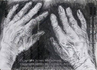 Viva's Hands.
G.
Two hands with their backs facing up, reaching upwards, ready to seize life . This is a black and white hand portrait drawing in charcoal on paper . Permission graciously ceded from an original photo.