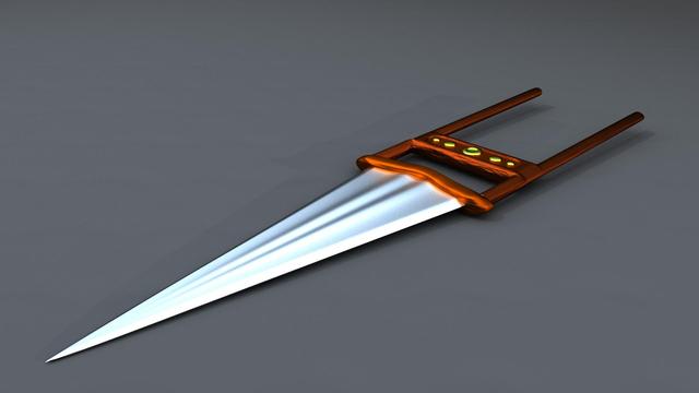 A picture of an Indian katar or "punching dagger." It is a long, triangular knife blade that comes to a sharp tip. The base is connected to a handle that is horizontal to the blade so that when held, the blade is pointed directly forwards from the fist.