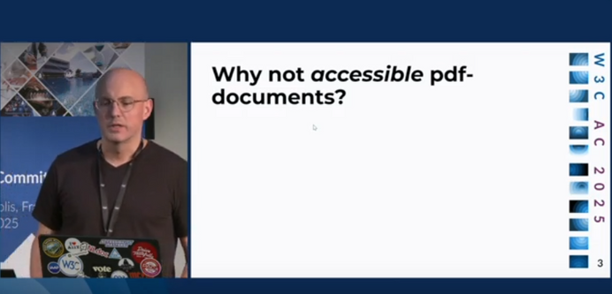 Snapshot of the video recording of Jeroen Hulscher showing a slide entitled "Why not accessible pdf-documents?""