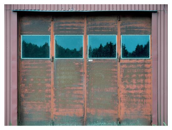 En liggande bild på en sliten, blekröd garagedörr med 4 fönster där en skogsridå speglas i grönt.