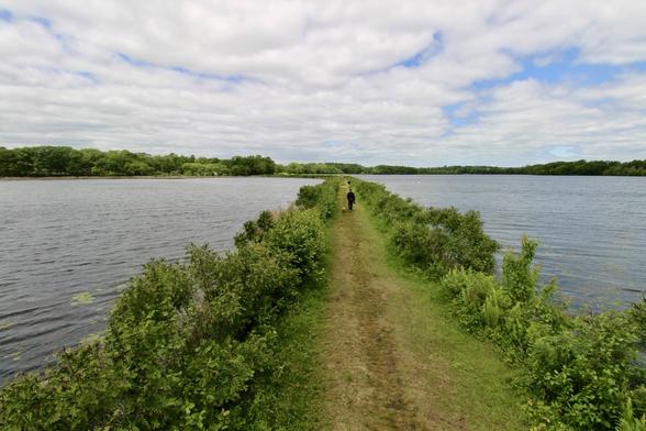 A narrow path bordered by greenery runs between two bodies of water under a partly cloudy sky. A person is walking a dog along the trail.