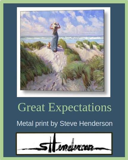 Metal print of an original oil painting depicting a woman standing atop a beach knoll looking out to the sea.