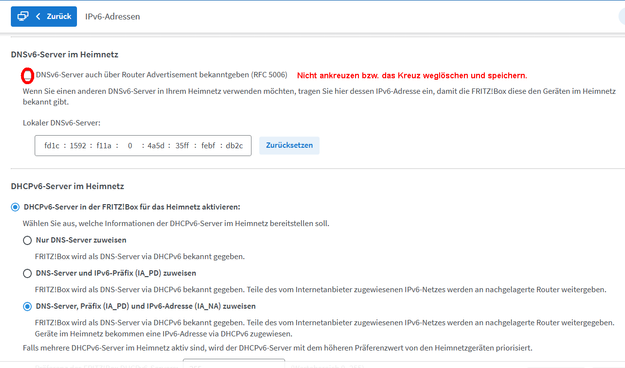 Screenshot der Fritzbox Ausgabe zum Thema IPv6. Kreuxchen muss weggemacht werden an der rot umrandeten Stelle.
