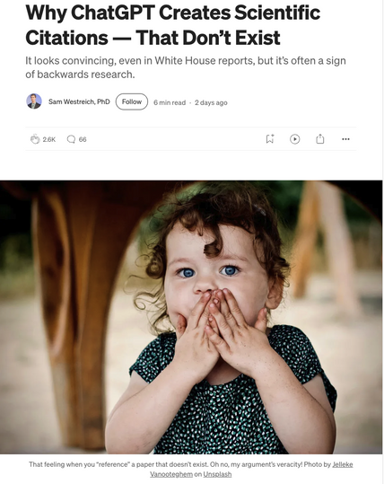 Screenshot of story by Sam Westreich with title “Why ChatGPT Creates Scientific Citations — That Don’t Exist” and a photo of a young, wide-eyed child with their hands over their mouth