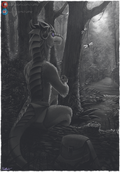A cyavian drone (male member of an original species) sitting on a log and taking notes on his observations in a forest.