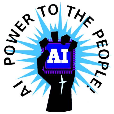The image features a circular logo with a black background and a white border. 
At the center, there is a black fist holding a blue microchip with the letters "AI" in white. 
The microchip is surrounded by a burst of light in shades of blue and white, creating a dynamic effect. 
The text "POWER TO THE PEOPLE" is written in bold, black capital letters, encircling the image. The text "AI" is positioned on the left side of the circle, and "TO THE PEOPLE" is on the right side. 

The overall design conveys a message of empowerment through artificial intelligence.
