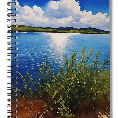 Canyon Lake in Texas under a beautiful blue sky with clouds - watercolor painting