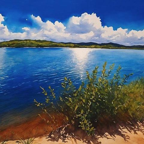 Canyon Lake in Texas under a beautiful blue sky with clouds - watercolor painting